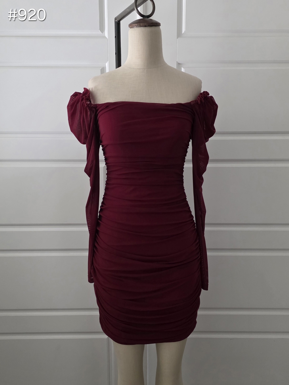 Burgundy Off-Shoulder Ruched Bodycon Mini Dress